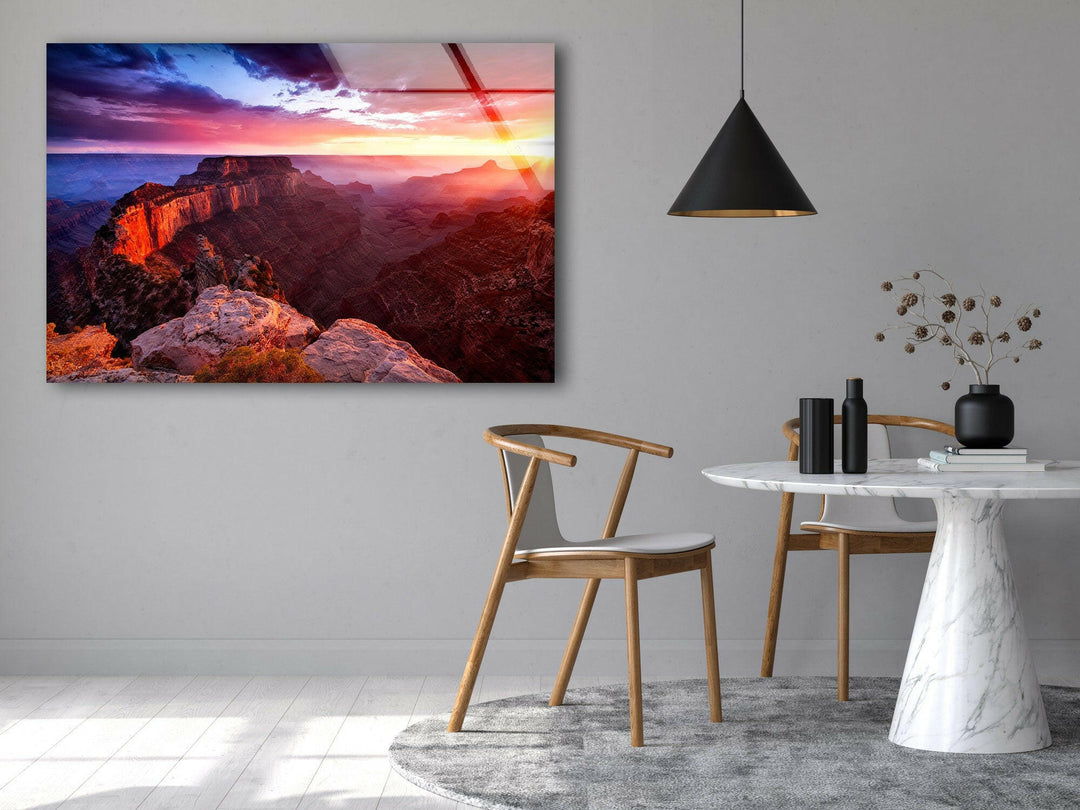 Deep Canyon Ridges and Dramatic Sunset Sky on Premium Glass Print
