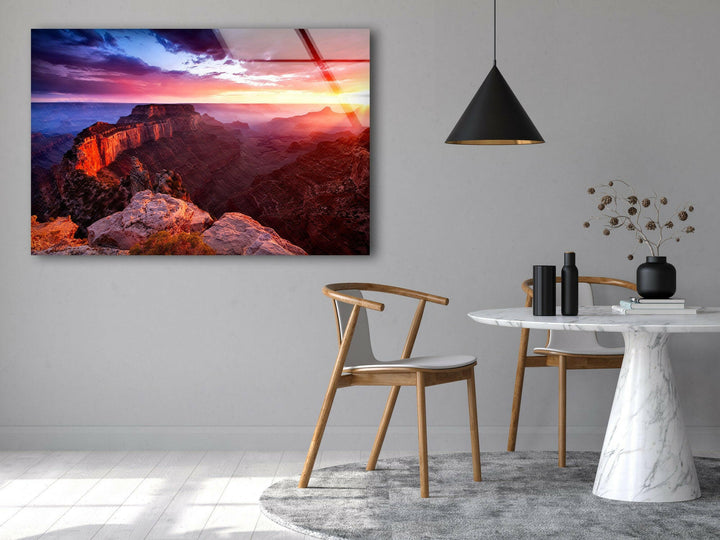 Deep Canyon Ridges and Dramatic Sunset Sky on Premium Glass Print
