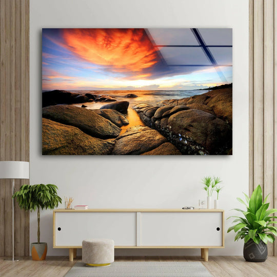 Landscape glass wall art golden sunset over rocky coast and sunset theme plus landscape home decor for nature enthusiasts