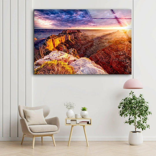 Landscape glass wall art golden sunset reflecting light on Grand Canyon rocks and nature paintings provides stylish wall art for decor on a white wall