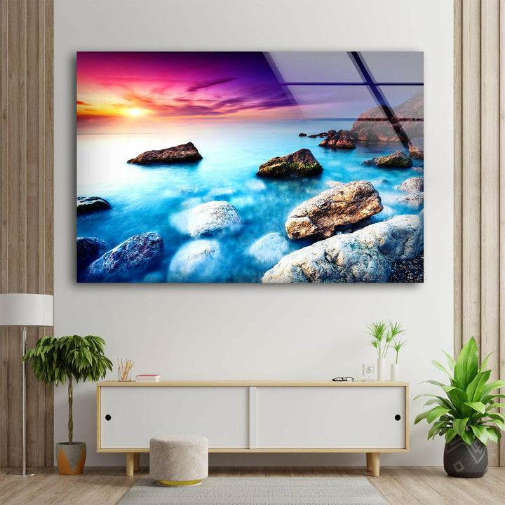 Coastal Beauty at Golden Hour – A Stunning Glass Landscape Print
