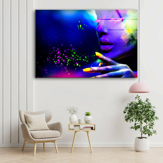 Cool Art depicting a woman in neon light with yellow nails a vibrant canvas wall art and neon decor accent on a white wall