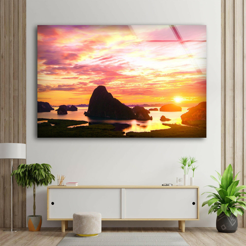 Golden Hour Over Island Formations – A Stunning Glass Wall Print

