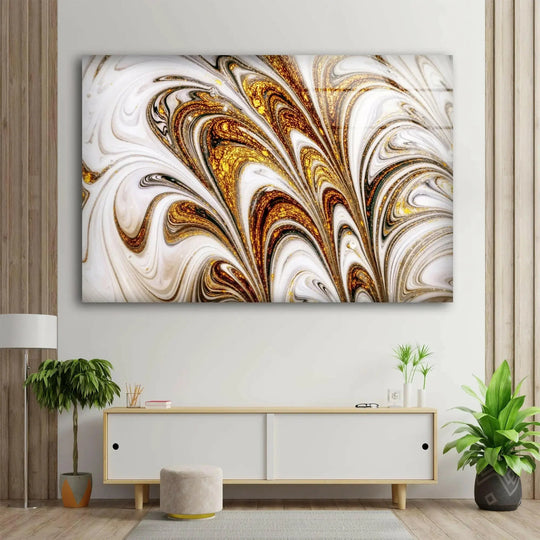 Opulent abstract glass wall art with shimmering gold and white swirls evokes a sense of luxurious home decor.