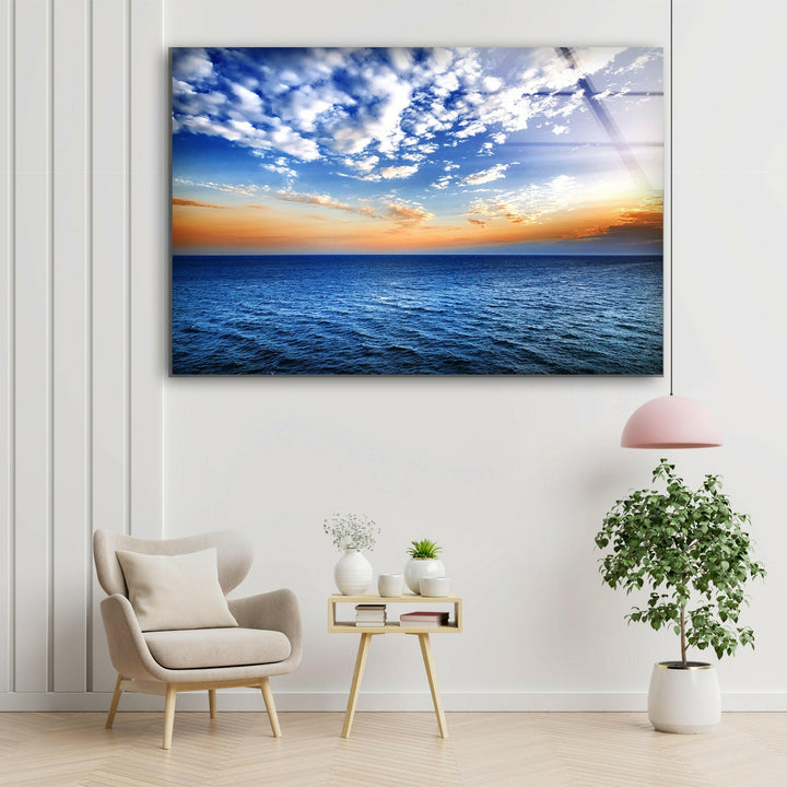 Majestic seascape with golden sunset reflections, printed on large landscape wall art.
