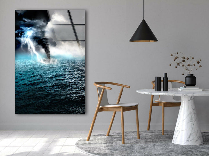 Nature’s Fury: A Stunning Glass Print of a Tornado Over the Sea
