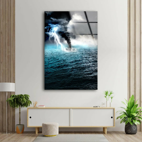 Highlighting the layering effect, this Lightning Storm On Sea showcases tempered glass wall art with a dramatic contrast of tempestuous skies above deep azure ocean swells.