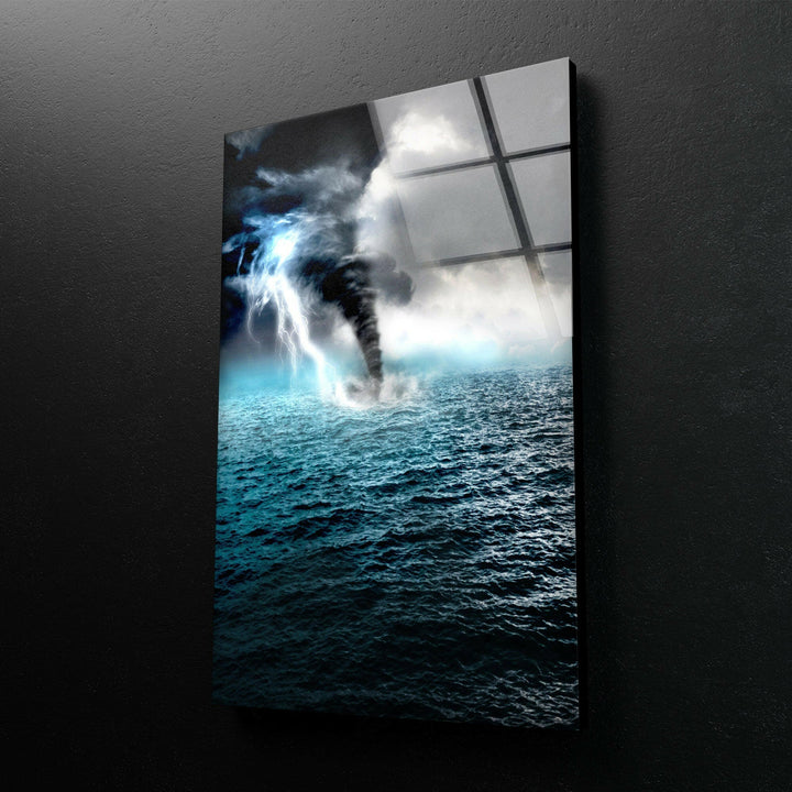 Dark Clouds and Ocean Twister – A Captivating Glass Wall Decor
