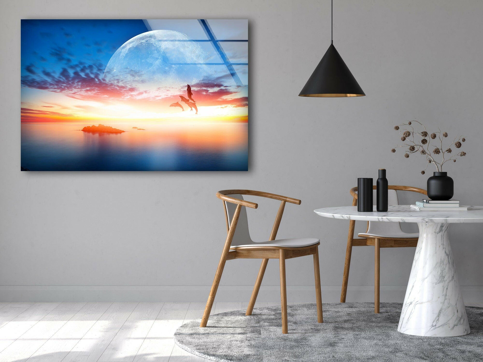 Sunset With Super Moon Tempered Glass Wall Art