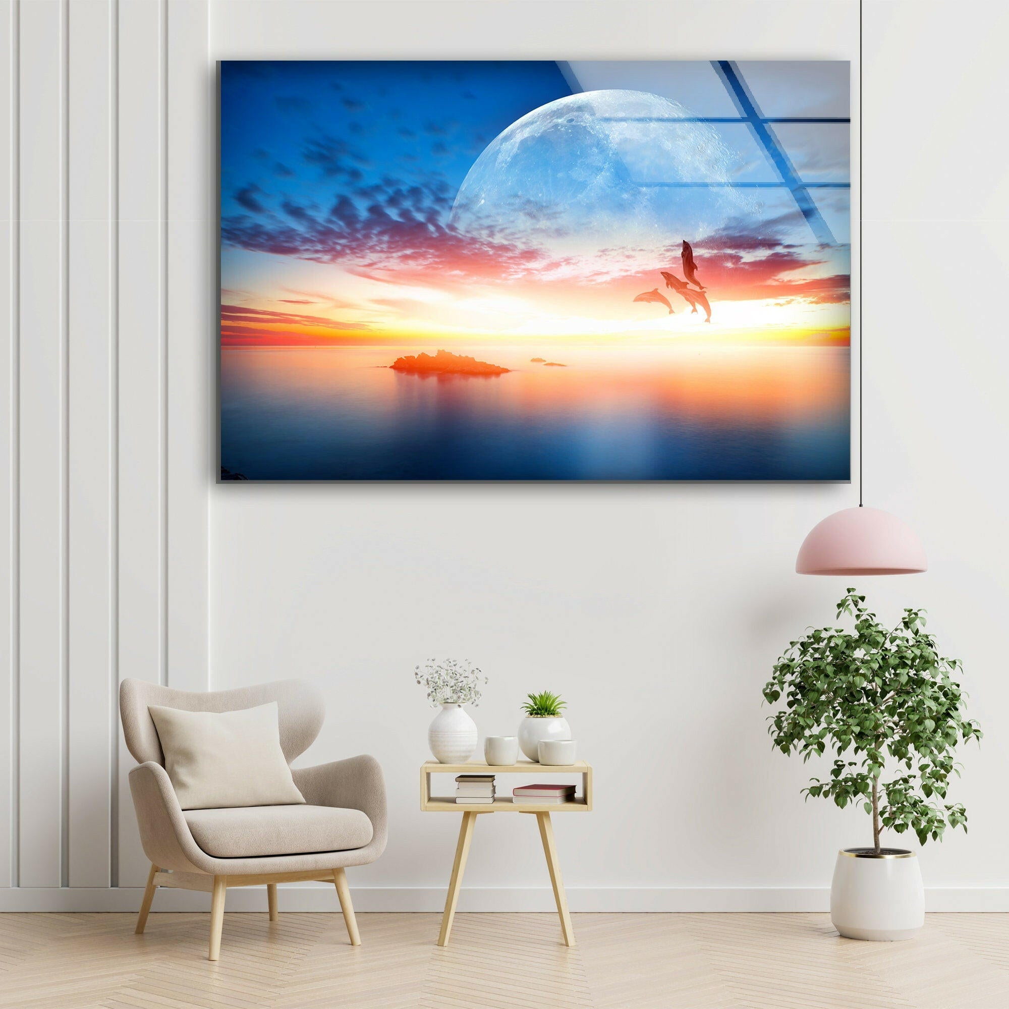 Sunset With Super Moon Tempered Glass Wall Art