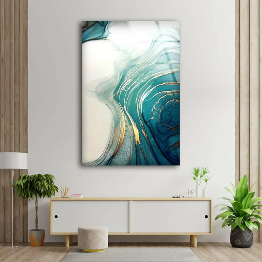 A striking white gold marble abstract glass art painting with a glossy, reflective finish.