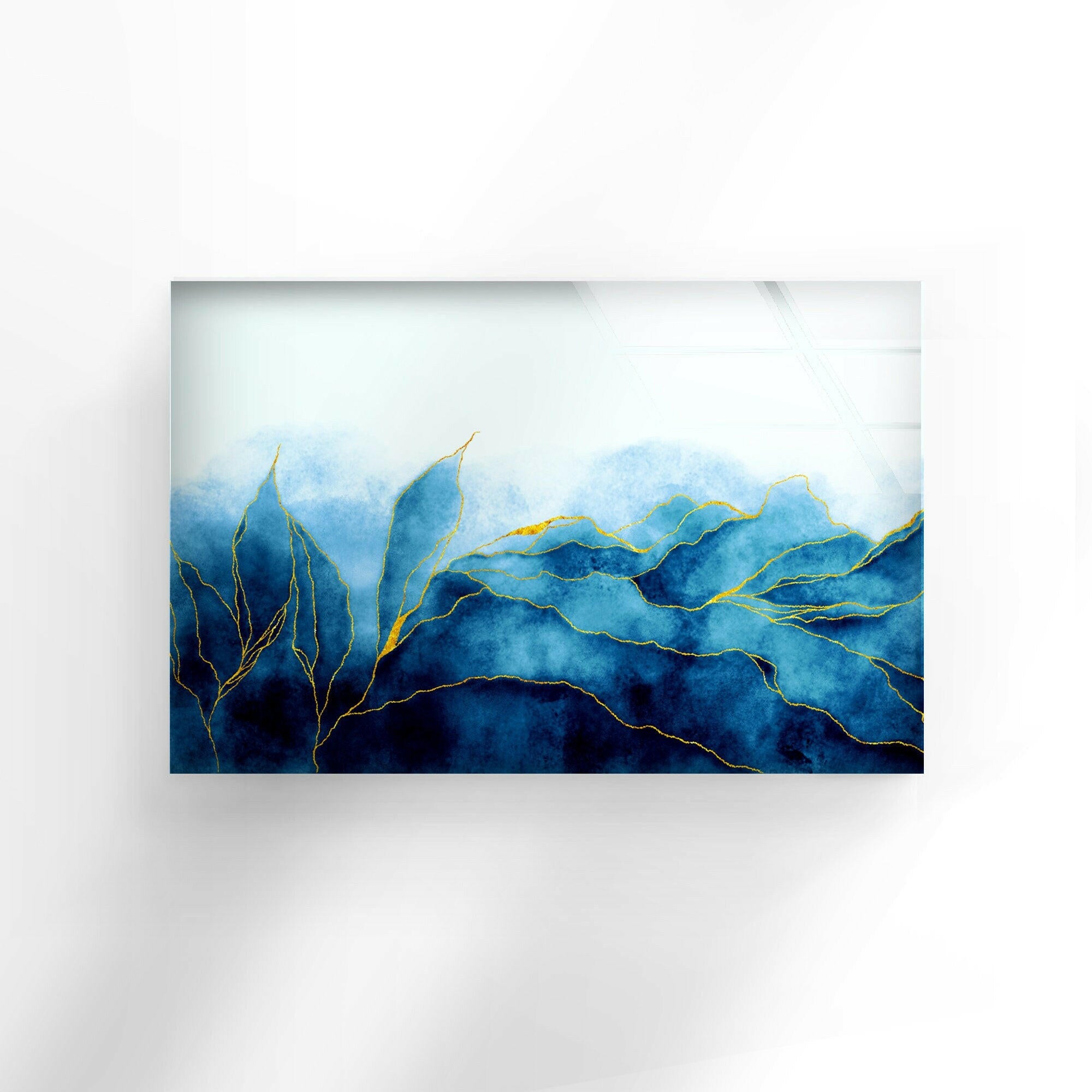 Golden Blue Leaves Tempered Glass Wall Art