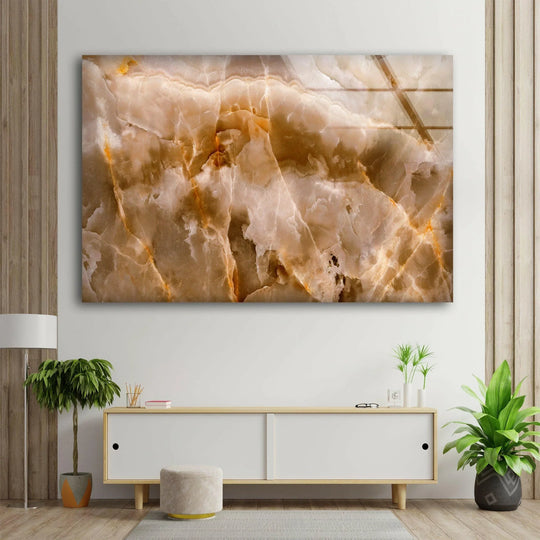 Flowing bands of white and brown marble create a visually rhythmic abstract glass wall art print.
