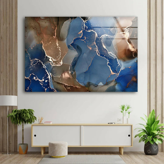 Abstract blue and brown marble glass wall art decor showcases a stunning layering effect with fluid, organic shapes.