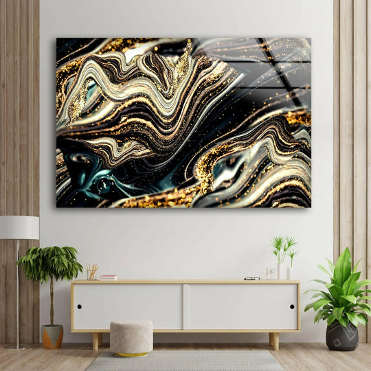 Glimmering gold swirls within the abstract glass printing offer the softest visual appeal.