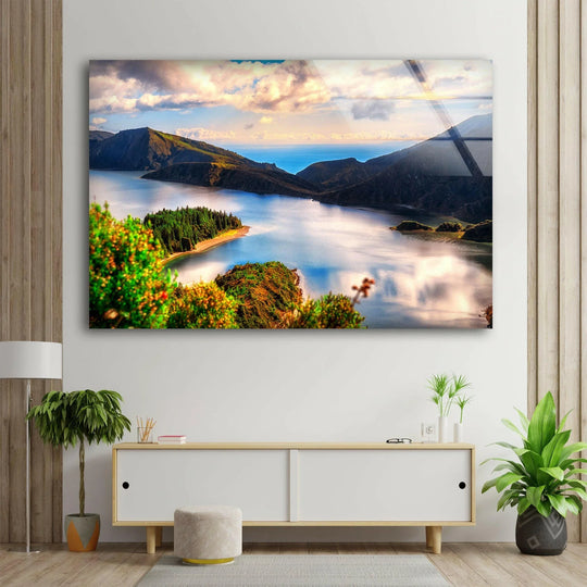 The organic forms of the Lagoa do Fogo nature wall art mirror the natural landscape depicted, creating unique modern wall decor through their undulating shapes.