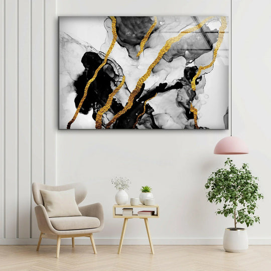 Stillness emanates from this unique modern wall decor abstract glass art with black and gold ink streaks.