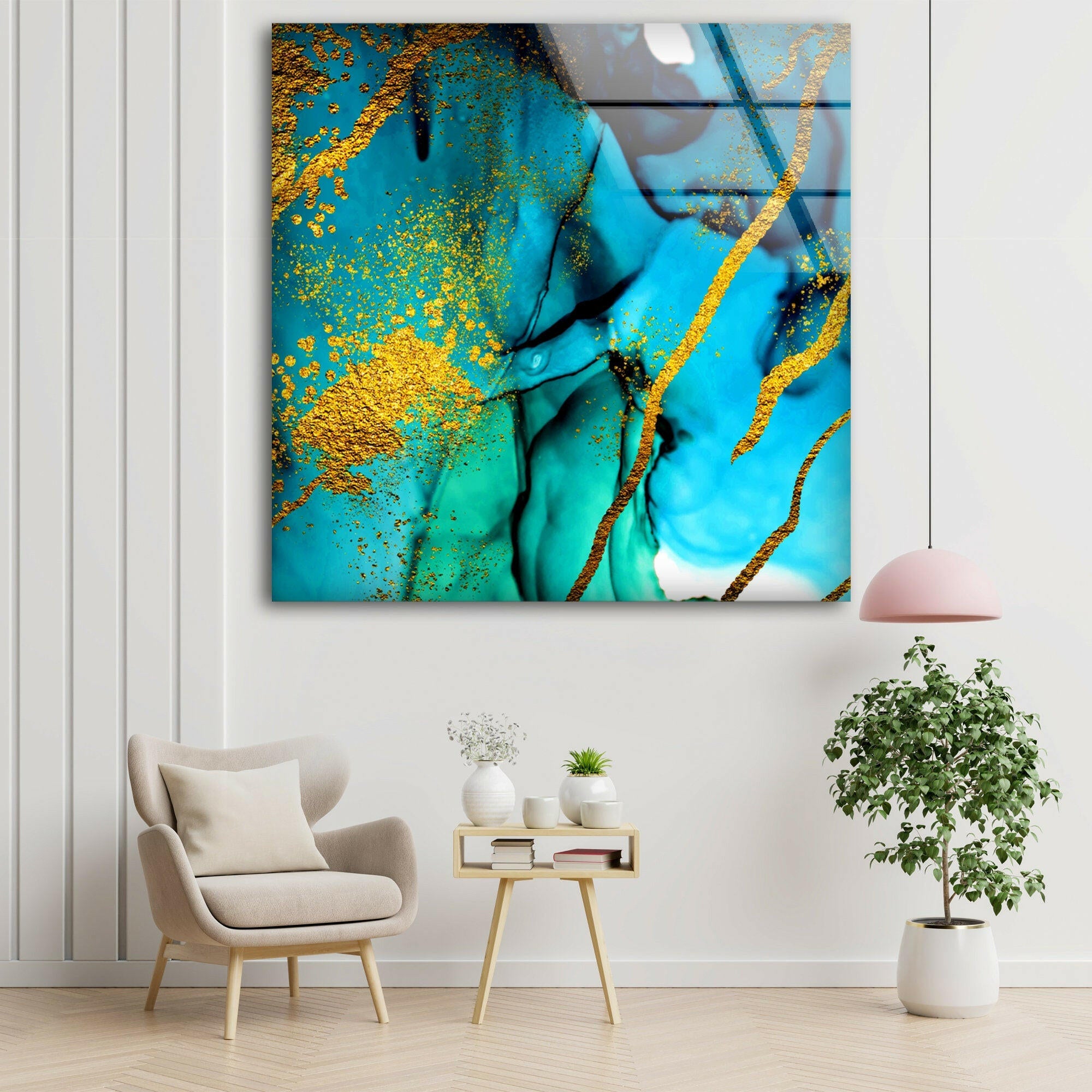 Blue and Golden Marble Tempered Glass Wall Art