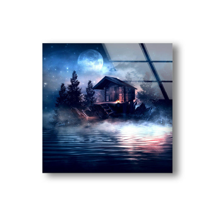 Moonlit lake scene captured in high-definition glass wall art for a peaceful ambiance.
