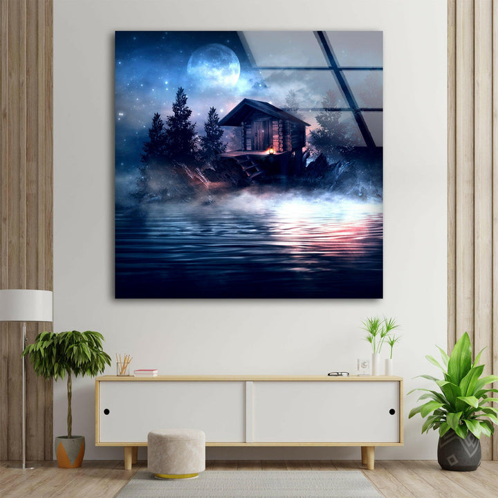 Nature art print of a dreamy lake house illuminated by moonlight and reflections.
