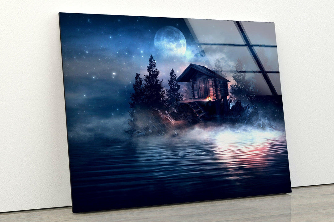 Large landscape wall art showcasing a secluded cabin under a full moon.
