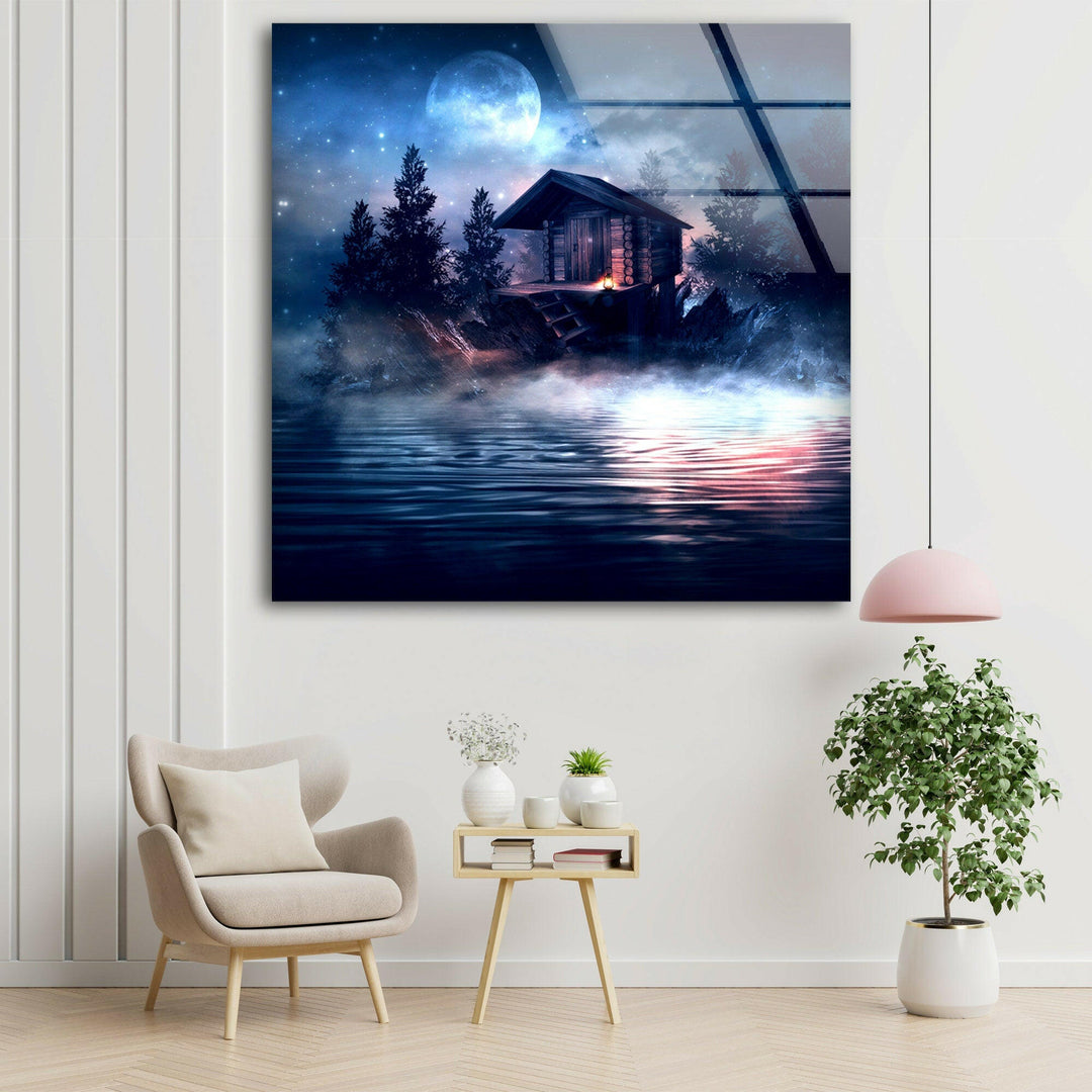 Landscape art for sale with a night sky, glowing moon, and peaceful waterfront scene.
