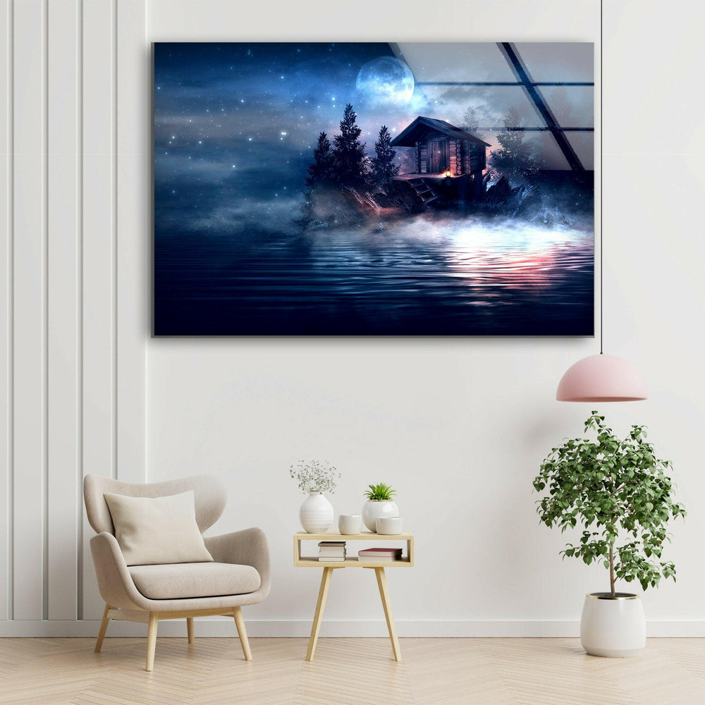 Enchanting nightscape artwork with a glowing cabin surrounded by misty waters.
