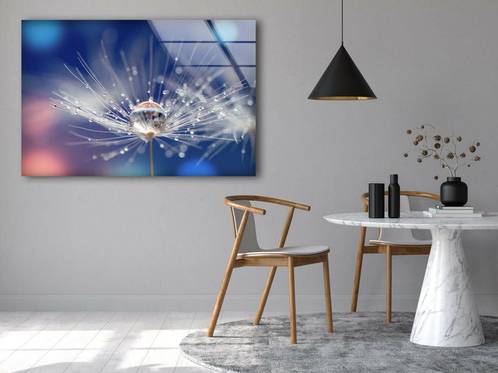Blue Dandelion With Drops Glass Wall Art, glass art painting, glass art for the Wall