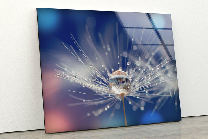 Blue Dandelion With Drops Glass Wall Art, stained glass wall art, stained glass wall decor