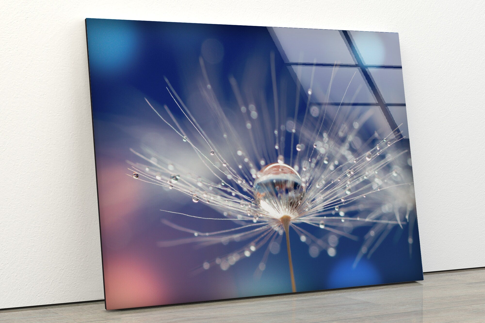 Blue Dandelion Flower Tempered Glass Wall Art