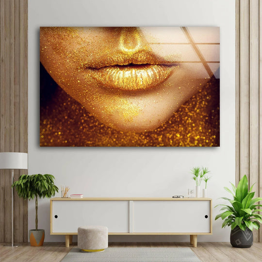 Woman with gold lips and glitter, a stunning piece of best glass art.