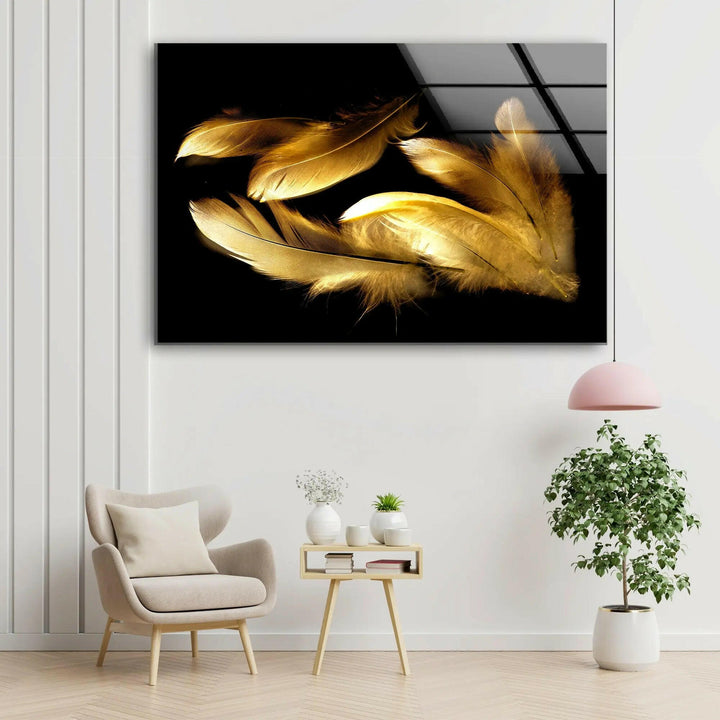 Gold Feathers Tempered Glass Art Print