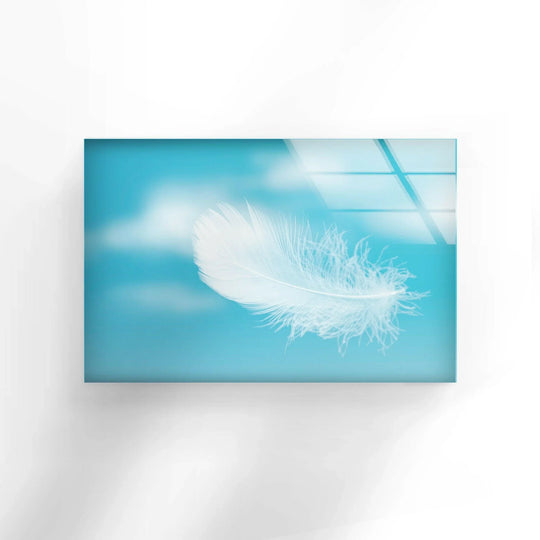 Ample negative space highlights a delicate white feather on this stunning glass printing.