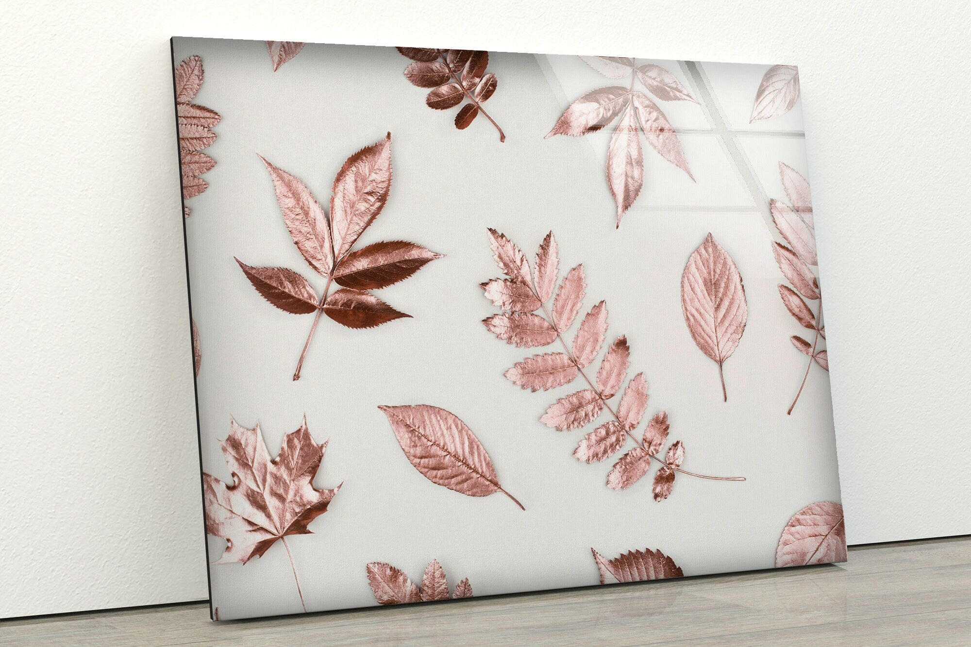 Rose Gold Leaves Tempered Glass Wall Art