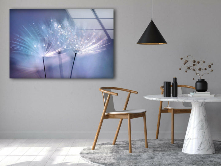 Dandelion Seed With Drops Glass Wall Art, custom glass pictures, glass art prints