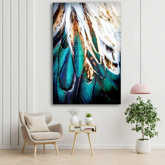 Flowing green feathers create a sense of dynamic movement in this striking glass art painting.