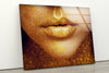 Gold Lips Black Woman Tempered Glass Wall Art