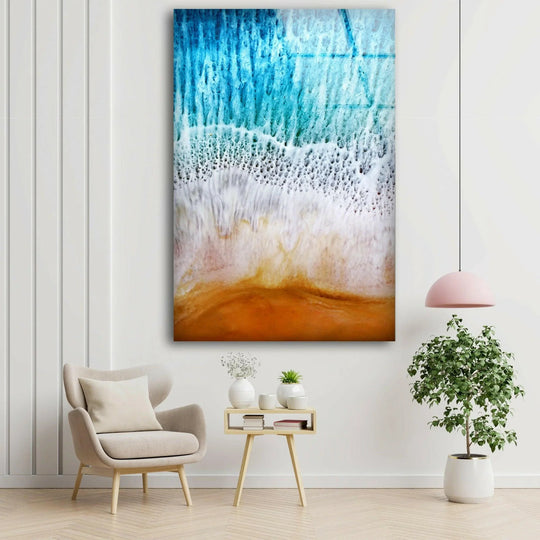 Depicting the layering effect, the ocean wave abstract glass wall art showcases a captivating seaside view, enriching the home decor with its coastal scene.
