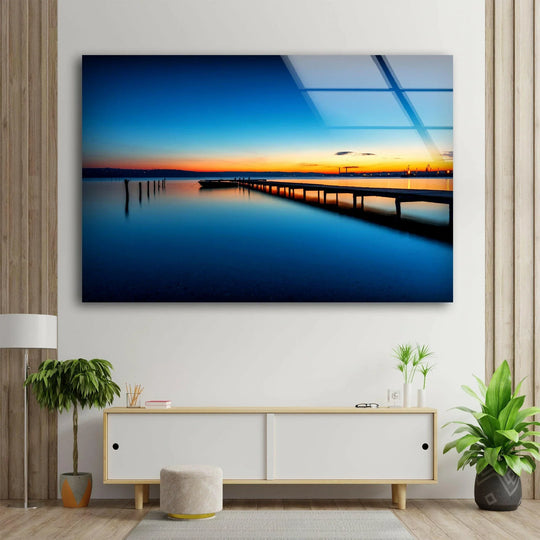 Landscape Glass Wall Art sunset pier reflection and lake view with warm hues plus tropic lake sunset artwork