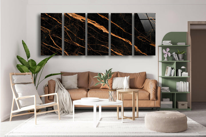 Black Marble With Orange Veins Glass Wall Art, glass photo prints, glass picture prints
