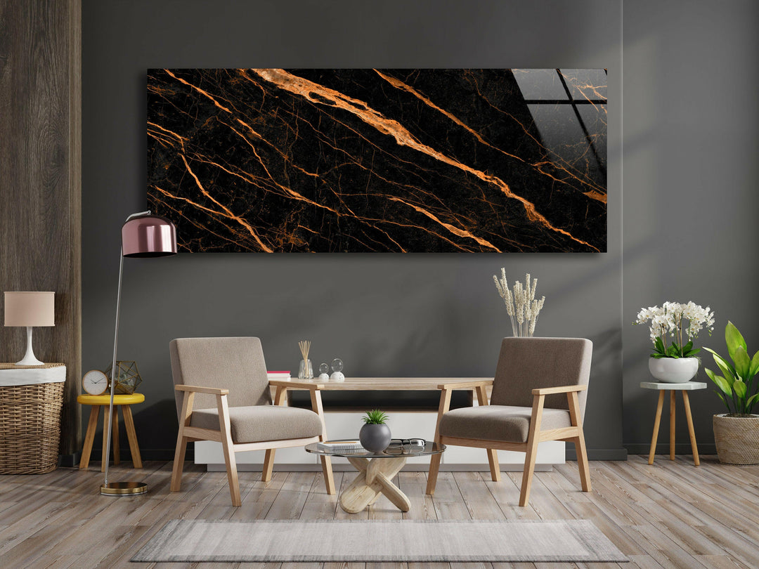 Black Marble With Orange Veins Glass Wall Art, glass pictures for Wall, glass prints wall art