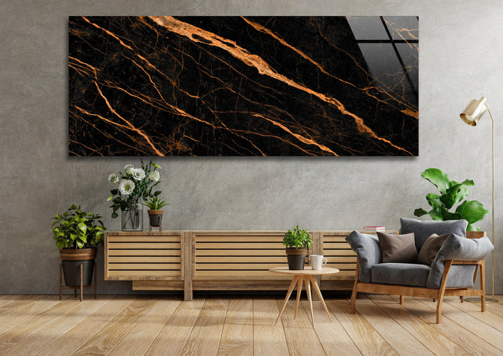 Black Marble With Orange Veins Glass Wall Art, glass image printing, glass prints from photos