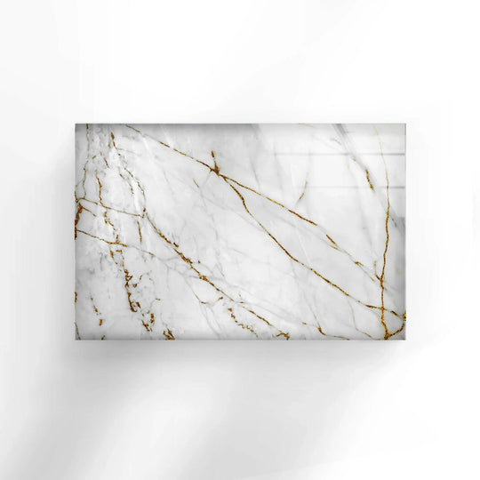 Elegant white and gold marble glass wall art, a unique modern wall decor piece featuring opulent veins on tempered glass.