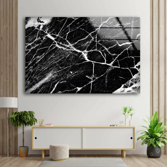 Striking black-and-white marble pattern with natural veining printed on modern glass art.