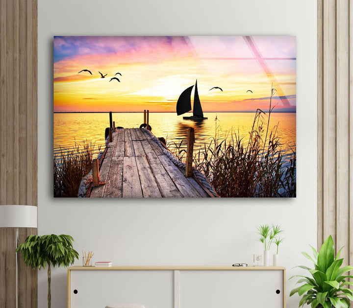 Peaceful Seaside View at Dusk – A Stunning Glass Wall Artwork
