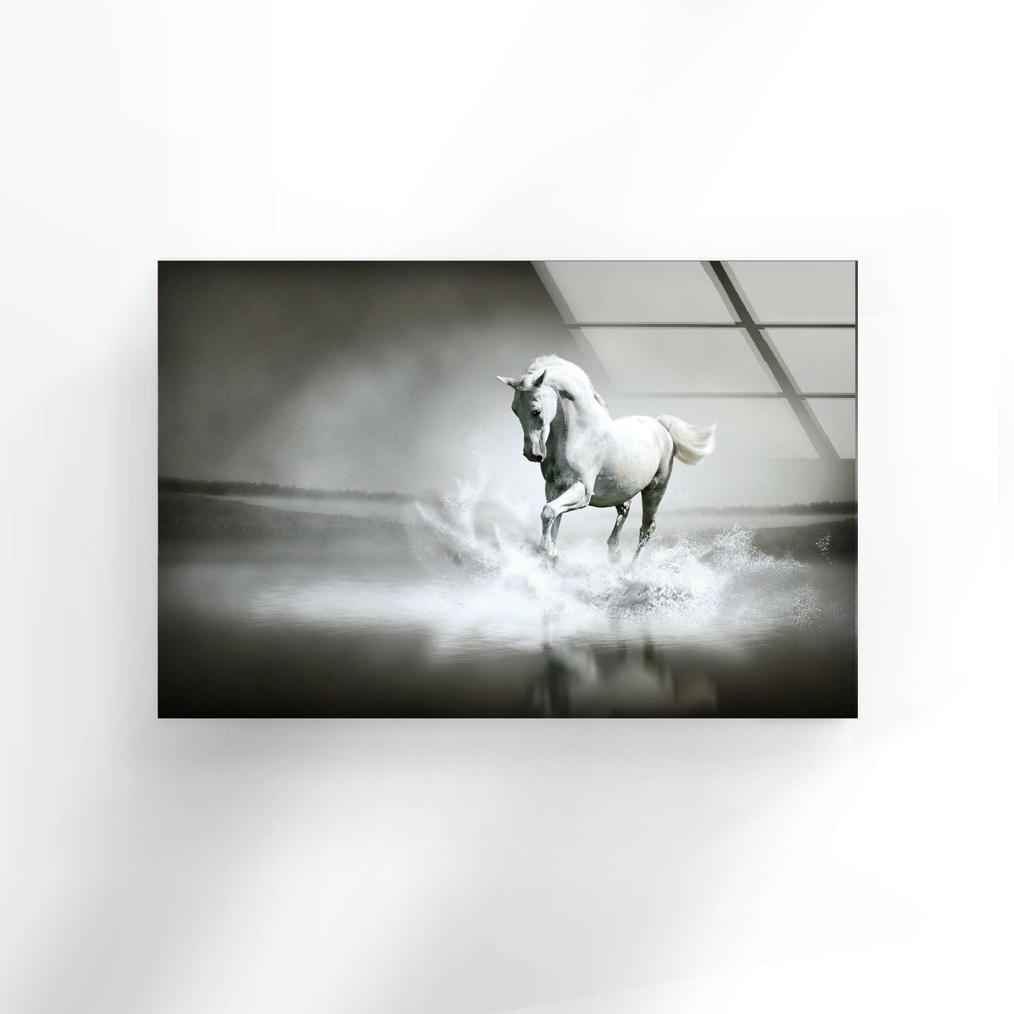 White Horse Tempered Glass Wall Art