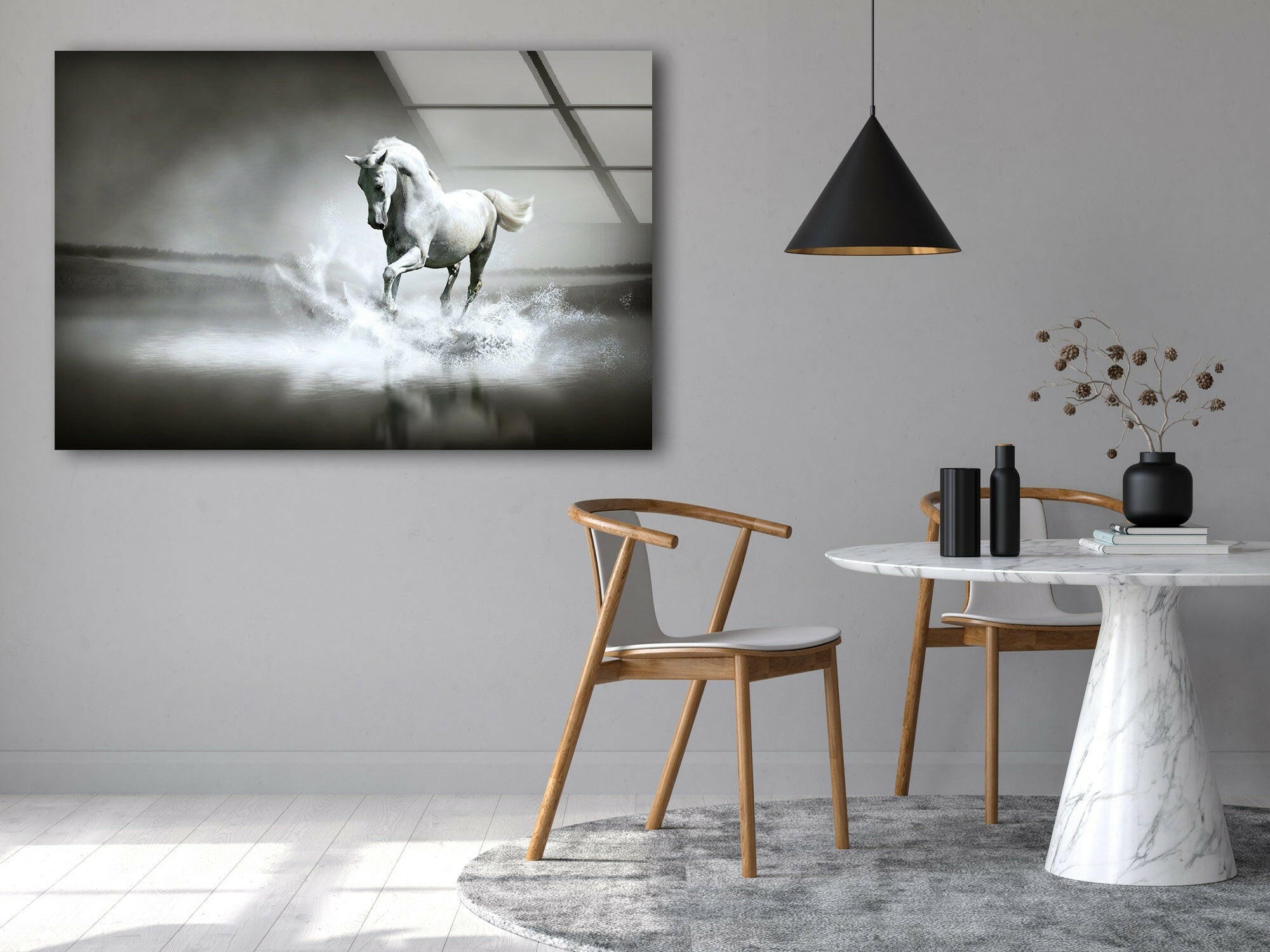 White Horse Tempered Glass Wall Art