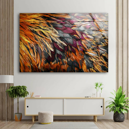 A vibrant and intricate glass wall art featuring bright brown feathers, creating a warm and natural mood for unique modern wall decor.
