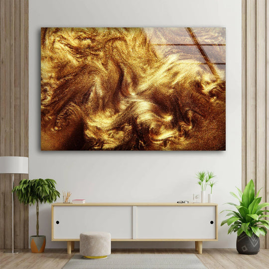 Gold alcohol ink abstract print wall art with a textured wood panel background adds a touch of luxury and modern style.