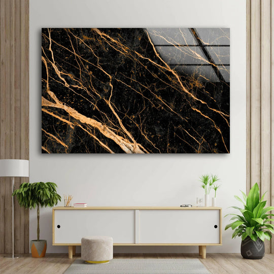A sophisticated mood is set by this dark marble with gold veins glass art painting, embodying luxury.
